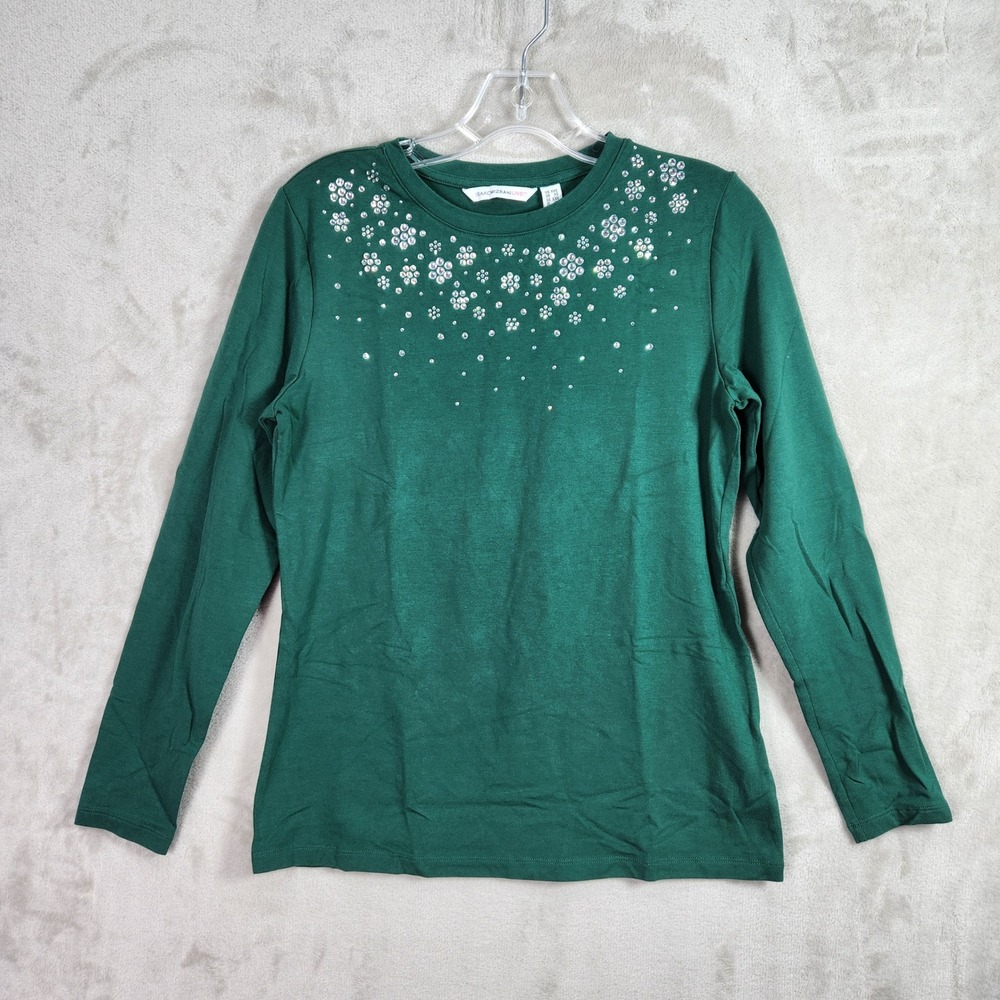 Isaac Mizrahi Top Womens XXS Evergreen Rhinestone Embellished Crew Neck A556535
